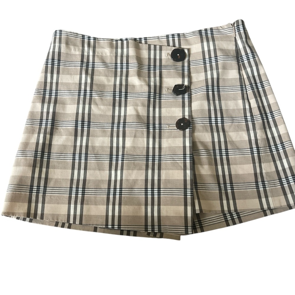 MNG Beige and Black Checkered Skirt